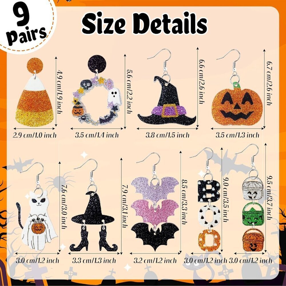 Halloween Glitter Acrylic Earrings Set 9 Pairs Festive Drop Dangle Jewelry - Picture 4 of 6